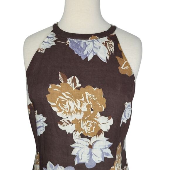 Boston Proper 100% Linen Floral Mini Dress 10 Brown High Neck Sleeveless Beach - Picture 2 of 12